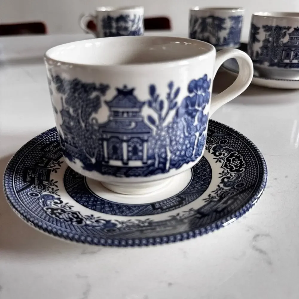 Vintage Churchill Blue Willow Tea Cups Saucers Set of 4 Georgian Shape Flat Eng